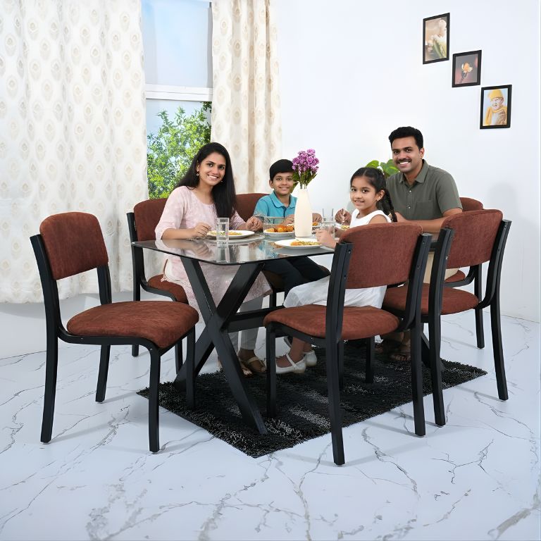 Mocha American 6-Seater Dining Set | Glass Top & Wooden Chairs - RentalFurniture.in