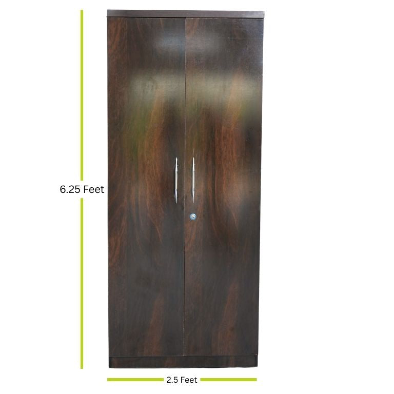 Wooden two door wardrobe with measurements on a white background