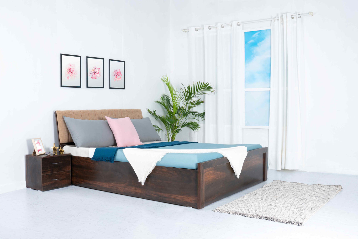 Storage Bed - Sandy Beach Classic Wooden Double Bed with Mattress - RentalFurniture.in