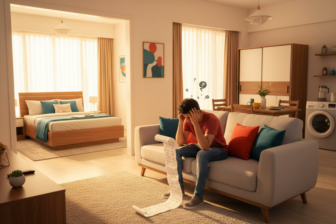 frustrated person with rental terms offered by private equity back rental furniture companies in India.