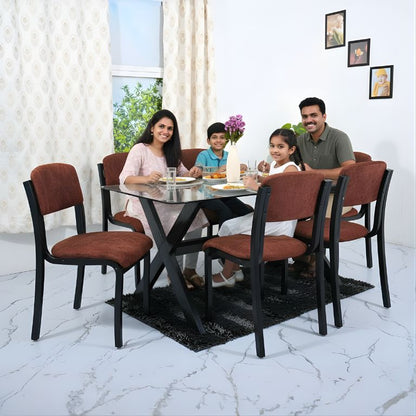 Mocha American 6-Seater Dining Set | Glass Top & Wooden Chairs - RentalFurniture.in
