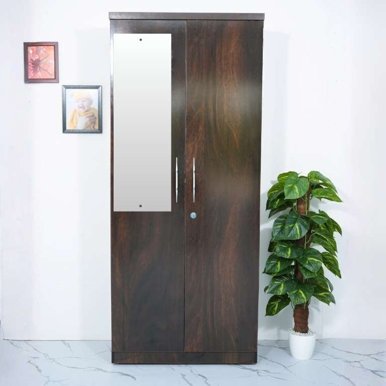 Two Door Wooden wardrobe with wooden finish and half mirror in a room with a plant and framed pictures on the wall.