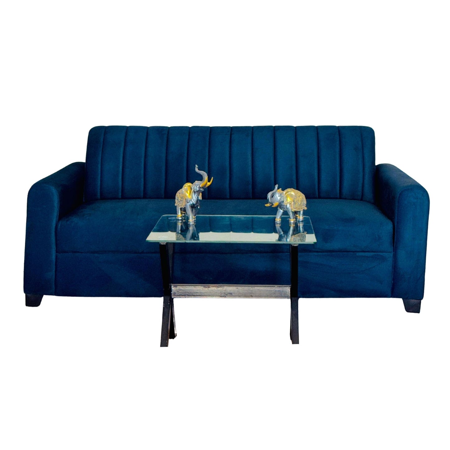 Navy blue three-seater fabric sofa with plush cushions, modern design, from RentalFurniture.in, perfect for living rooms.