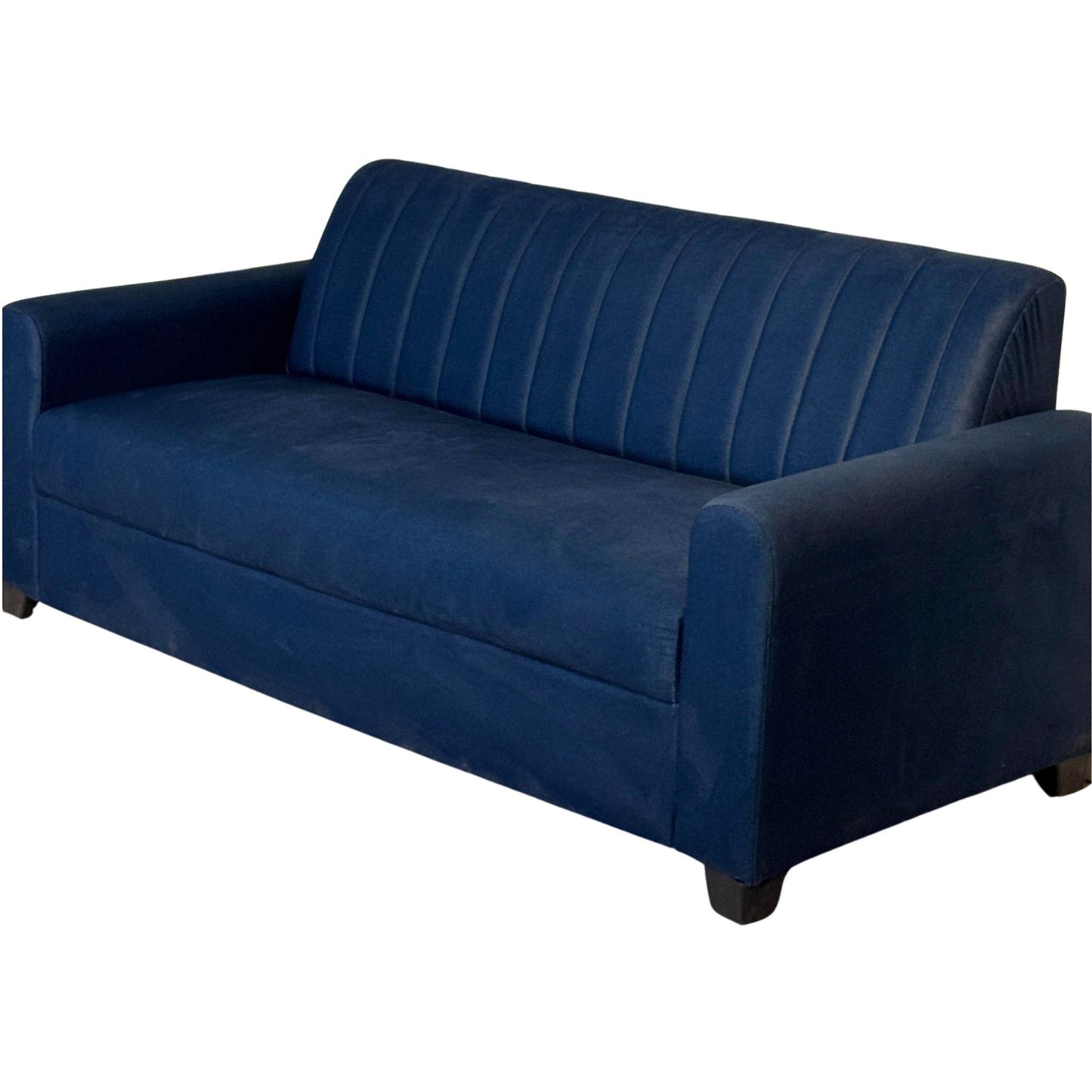 Navy blue three-seater fabric sofa from RentalFurniture.in viewed from side angle, perfect for modern living rooms.