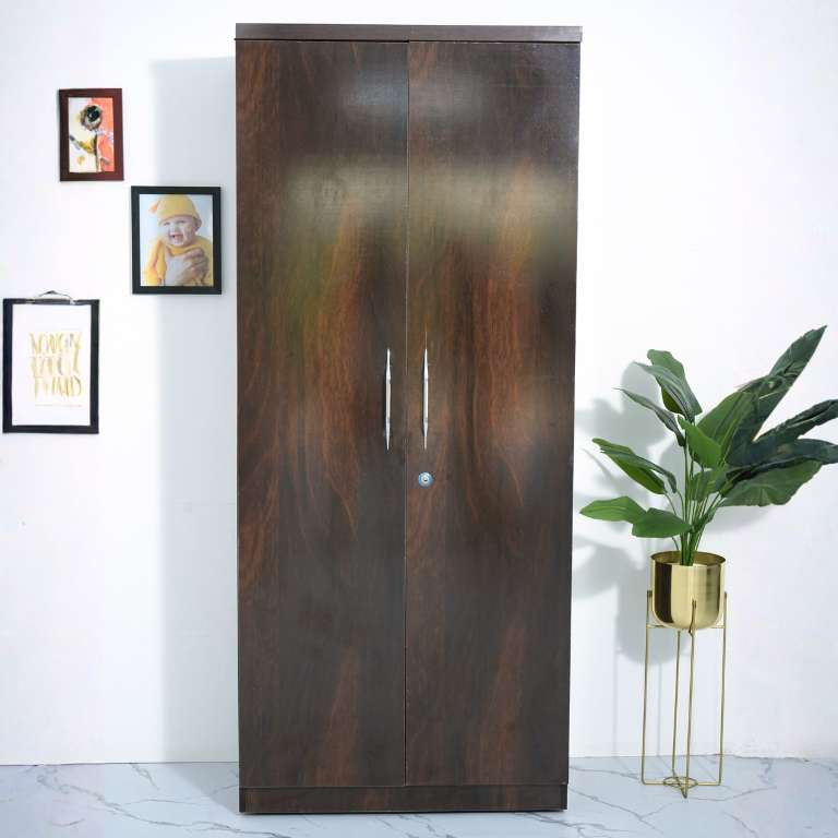 Wooden wardrobe with two doors in a room with a plant and framed pictures on the wall.