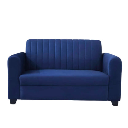 Navy blue two-seater fabric sofa from RentalFurniture.in, stylish and comfortable for living room seating.