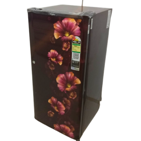 A single-door refrigerator with a dark brown floral design on the front door, featuring pink and purple flowers, shown against a plain white background. Delivered on affordable monthly rent with free delivery in pune kharadi wagholi Hadapsar Amanora Magarpatta keshav nagar Viman Nagar Aundh Baner Balewadi Hinjewadi Wakad ravel punawale.