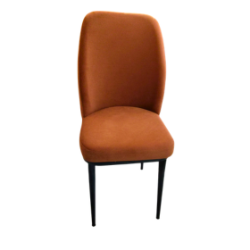 An upholstered dining chair with a tall rounded backrest in a warm rust-orange fabric, supported by slim black metal legs, shown against a plain white background.