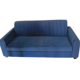 A blue upholstered armchair with a vertically channel-tufted backrest, shown against a plain white background.