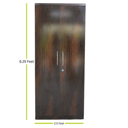 Wooden two door wardrobe with measurements on a white background