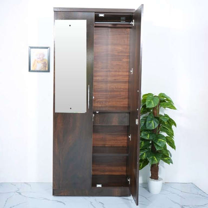Wooden wardrobe with open door on a white background