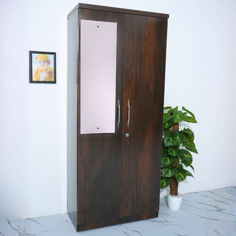 Two door wooden wardrobe with 3 feet mirror on a white wall with a plant and framed picture.