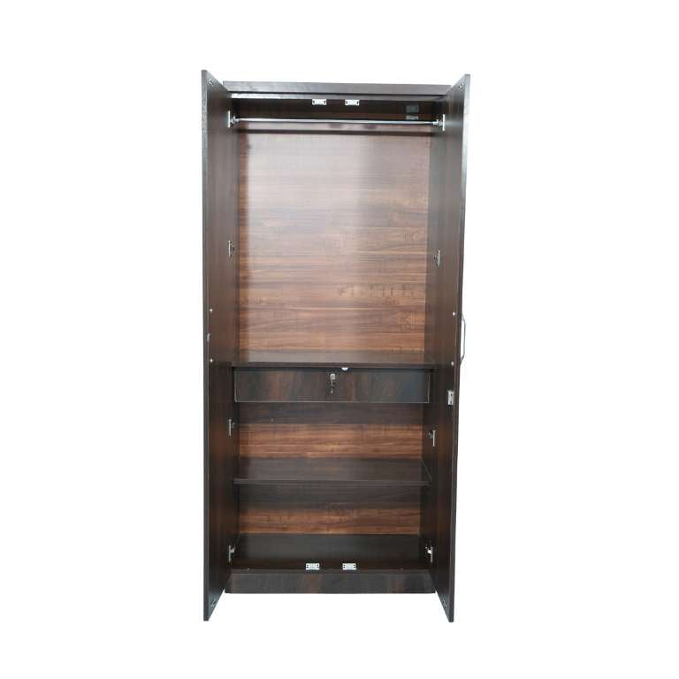 Wooden wardrobe with clothes hanging section, drawer with key and shelf on a white background