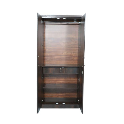 Wooden wardrobe with clothes hanging section, drawer with key and shelf on a white background
