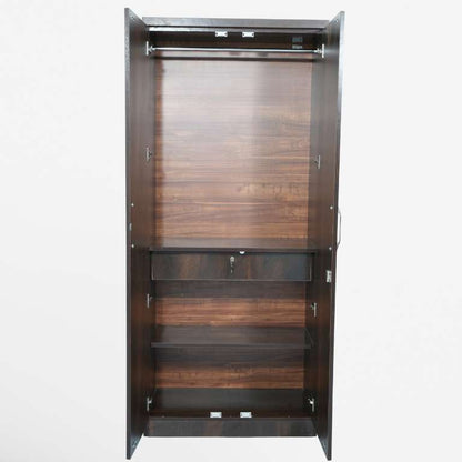 Wooden wardrobe with open doors on a white background