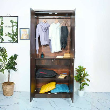 Open wardrobe with clothes and items on a white background