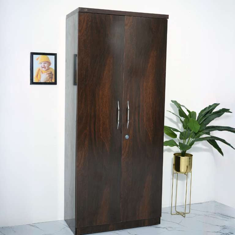 Wooden wardrobe with two doors in a room with a plant and a framed picture on the wall.