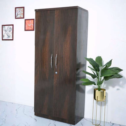 Two door wooden wardrobe with a plant on a white background