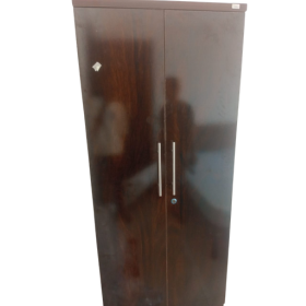 A tall dark brown wooden two-door wardrobe storage with vertical silver handles, shown against a plain white background.