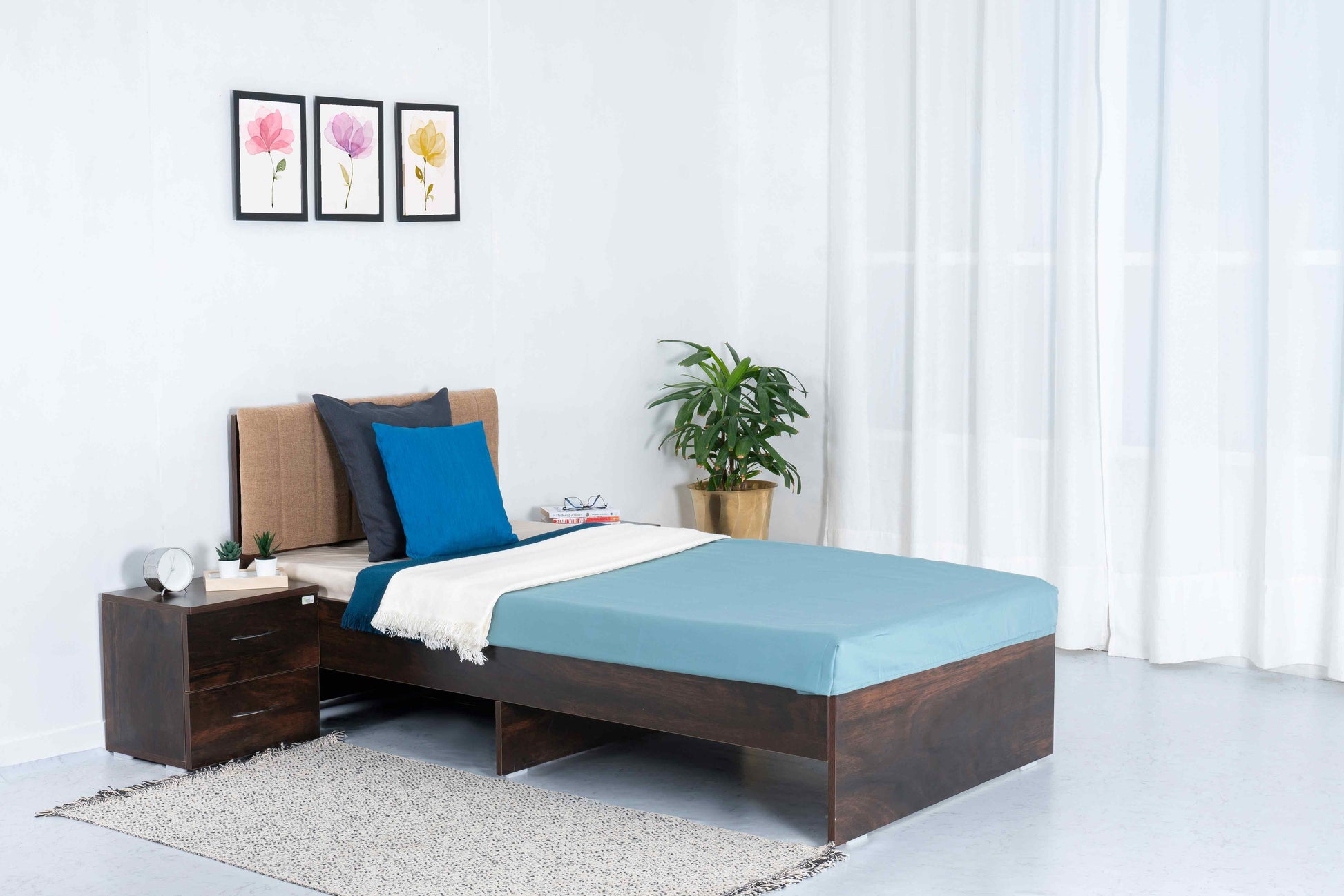 Sandy Beach Classic Wooden Single Bed with Mattress - RentalFurniture.in